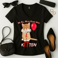 Scary We All Meow Down Here Clown Cat Kitten Women's V-Neck T-Shirt