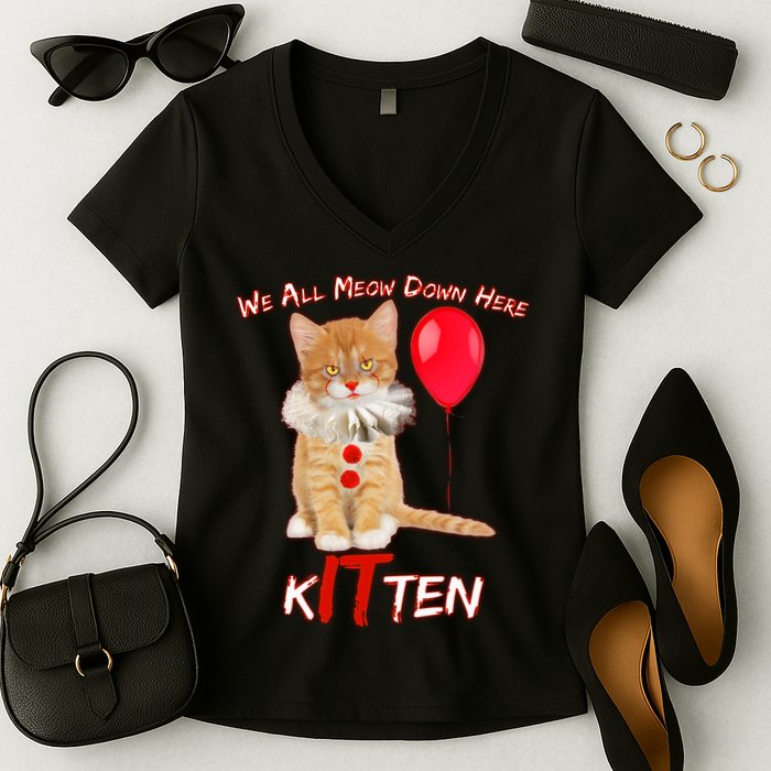 Scary We All Meow Down Here Clown Cat Kitten Women's V-Neck T-Shirt