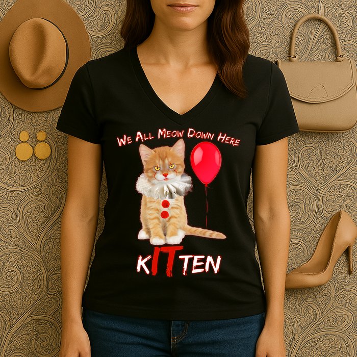 Scary We All Meow Down Here Clown Cat Kitten Women's V-Neck T-Shirt