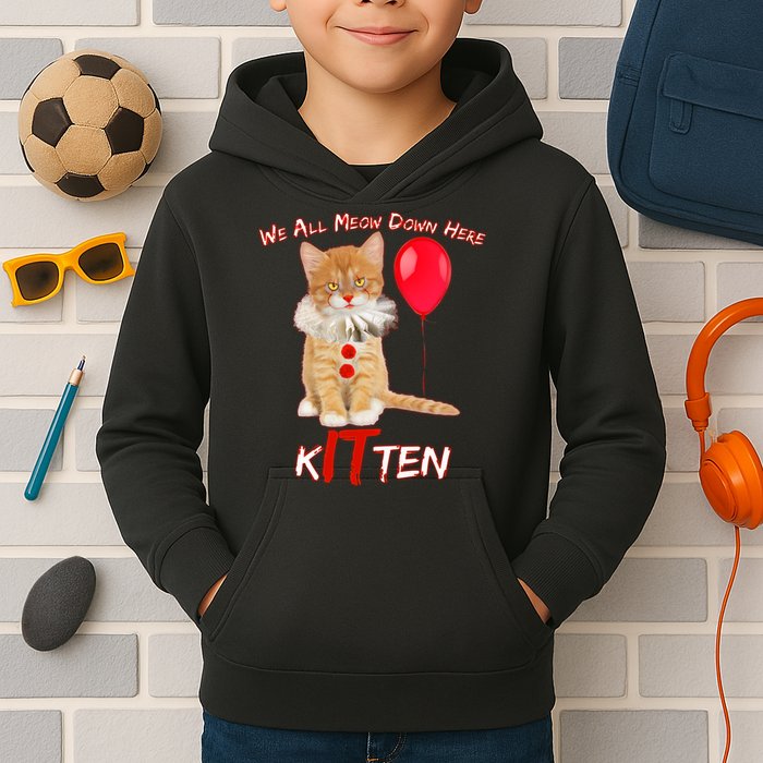 Scary We All Meow Down Here Clown Cat Kitten Kids Hoodie