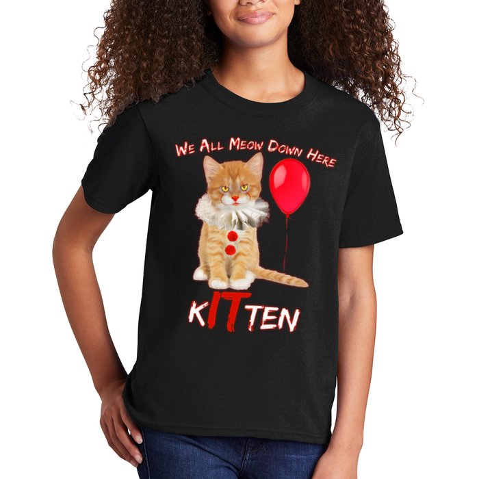 Scary We All Meow Down Here Clown Cat Kitten Kids T-Shirt