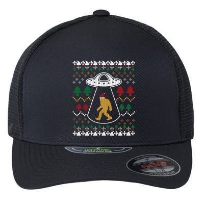 Santa Claus Bigfoot Ufo Sasquatch Ugly Christmas Sweater Flexfit Unipanel Trucker Cap
