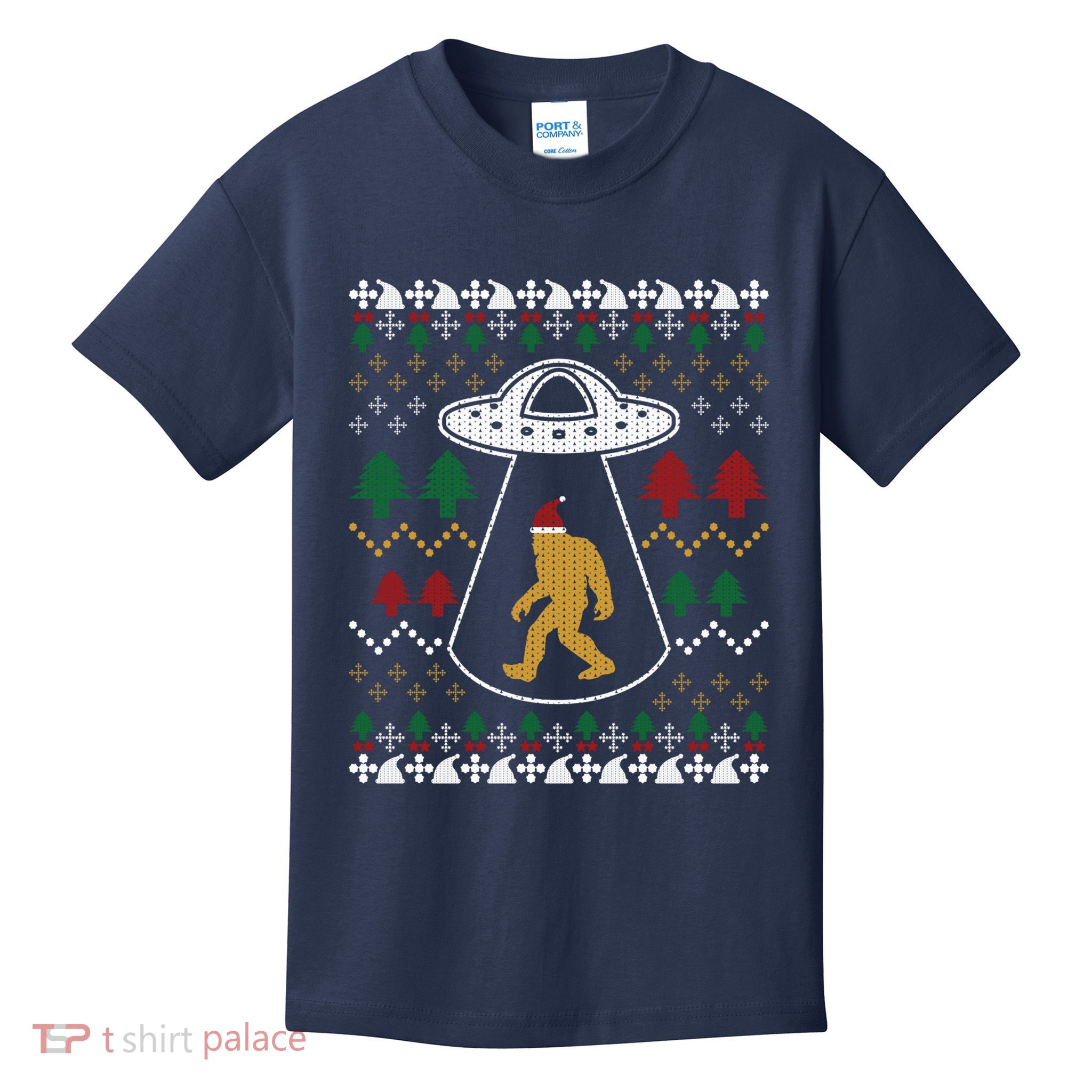 Santa Claus Bigfoot Ufo Sasquatch Ugly Christmas Sweater Kids T-Shirt
