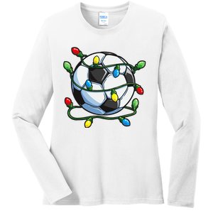 Soccer Christmas Ball Xmas Lights Funny Sport Ladies Long Sleeve Shirt