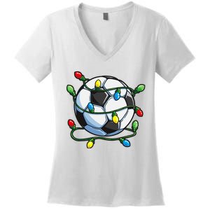 Soccer Christmas Ball Xmas Lights Funny Sport Women's V-Neck T-Shirt