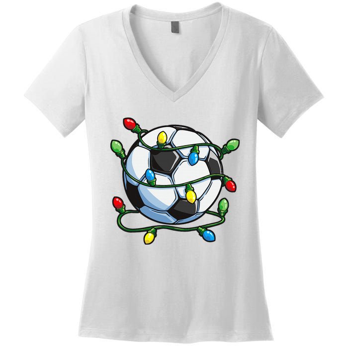 Soccer Christmas Ball Xmas Lights Funny Sport Women's V-Neck T-Shirt