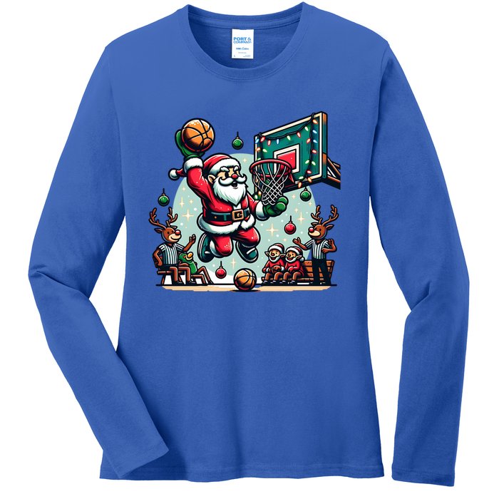 Santa Claus Basketball Christmas Reindeer Team Player Gift Ladies Long Sleeve Shirt