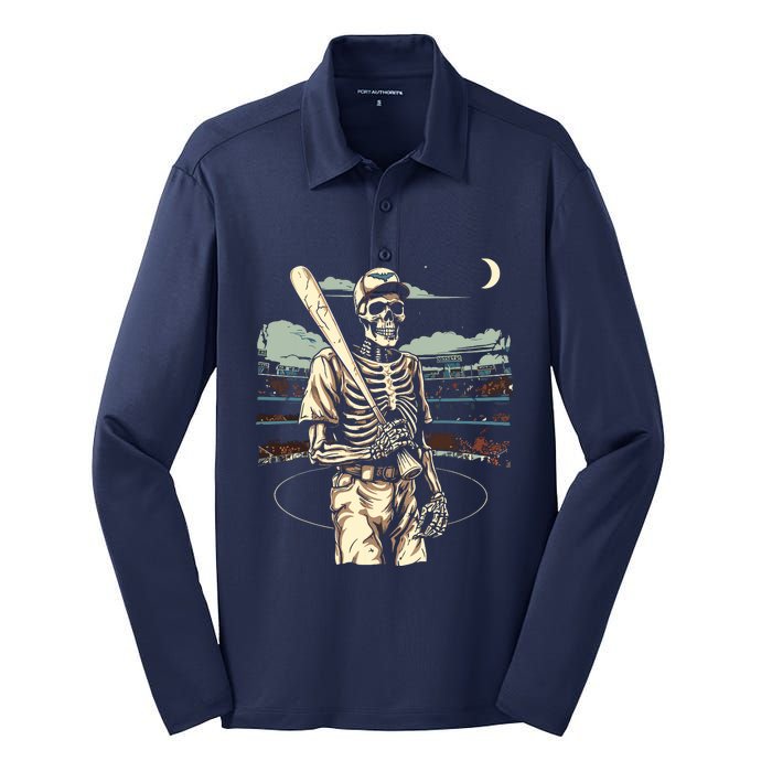 Spooky Creepy Baseball Skeleton Halloween Boy Silk Touch Performance Long Sleeve Polo