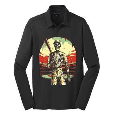 Spooky Creepy Baseball Skeleton Halloween Boy Silk Touch Performance Long Sleeve Polo