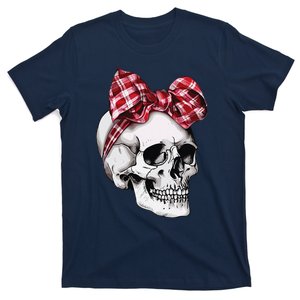 Skull Coquette Bow Halloween Red Plaid Bow Group Costume T-Shirt