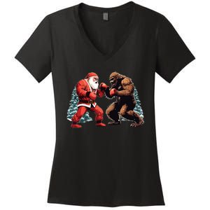 Santa Claus Boxing Bigfoot Sasquatch Christmas Women's V-Neck T-Shirt