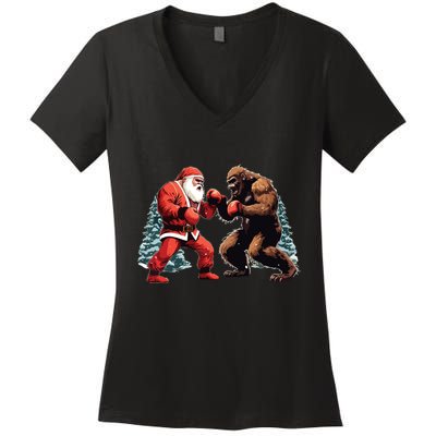 Santa Claus Boxing Bigfoot Sasquatch Christmas Women's V-Neck T-Shirt