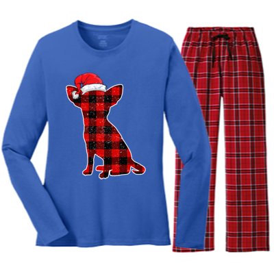 Santa Chihuahua Buffalo Plaid Cute Gift Merry Christmas Dog Gift Women's Long Sleeve Flannel Pajama Set 