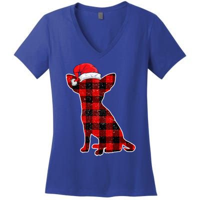 Santa Chihuahua Buffalo Plaid Cute Gift Merry Christmas Dog Gift Women's V-Neck T-Shirt