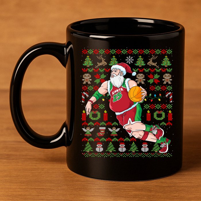 Santa Claus Basketball Ugly Christmas 11oz C Handle Ceramic Mug