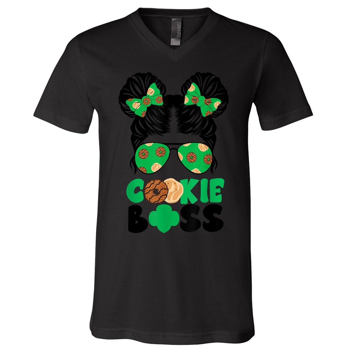 Scout Cookie Boss Kidlife Messy Bun Sunglasses V-Neck T-Shirt