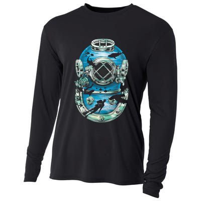 Vintage Scuba Diver Illustration Cooling Performance Long Sleeve Crew