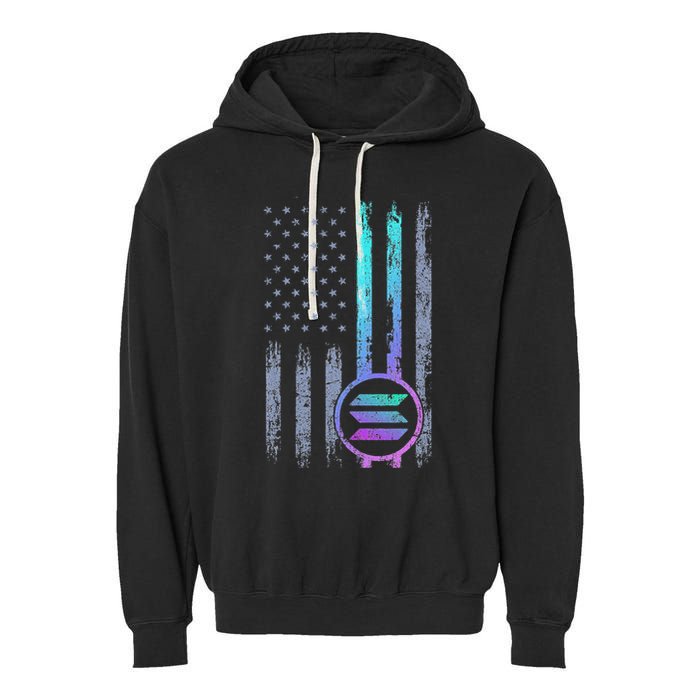 Solana Crypto Blockchain Solana Coin Distressed Usa Flag Garment-Dyed Fleece Hoodie