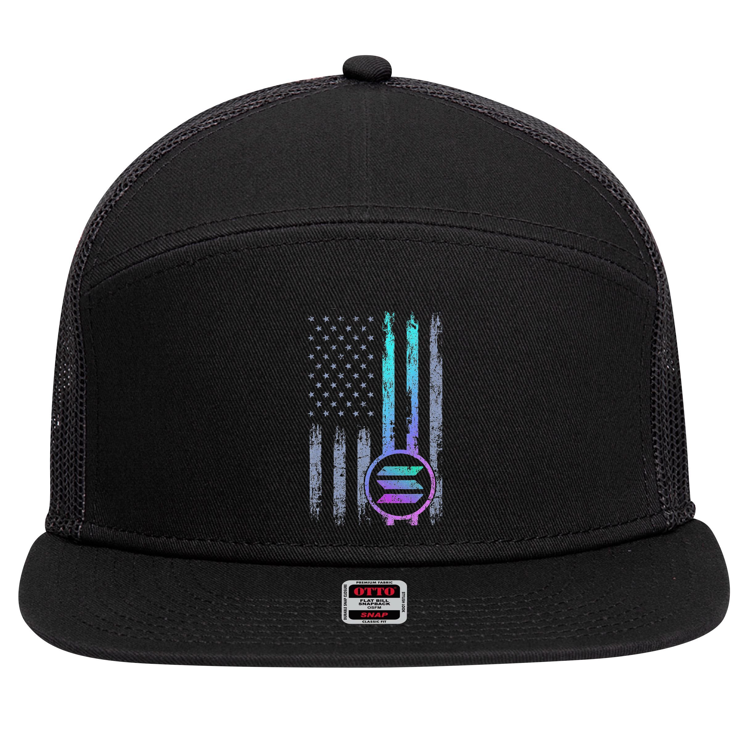 Solana Crypto Blockchain Solana Coin Distressed Usa Flag 7 Panel Mesh Trucker Snapback Hat