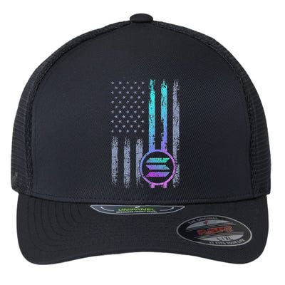 Solana Crypto Blockchain Solana Coin Distressed Usa Flag Flexfit Unipanel Trucker Cap