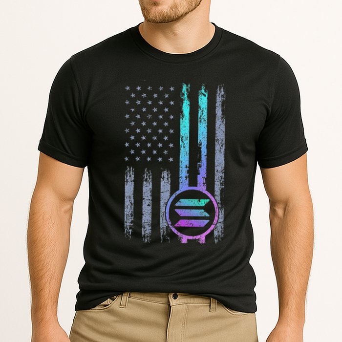 Solana Crypto Blockchain Solana Coin Distressed Usa Flag Cooling Performance Crew T-Shirt