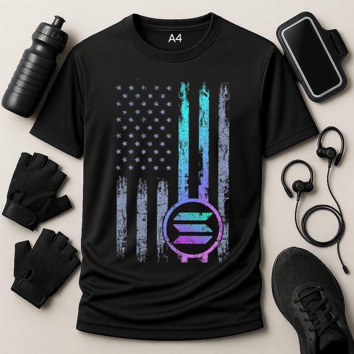 Solana Crypto Blockchain Solana Coin Distressed Usa Flag Cooling Performance Crew T-Shirt