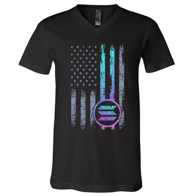 Solana Crypto Blockchain Solana Coin Distressed Usa Flag V-Neck T-Shirt