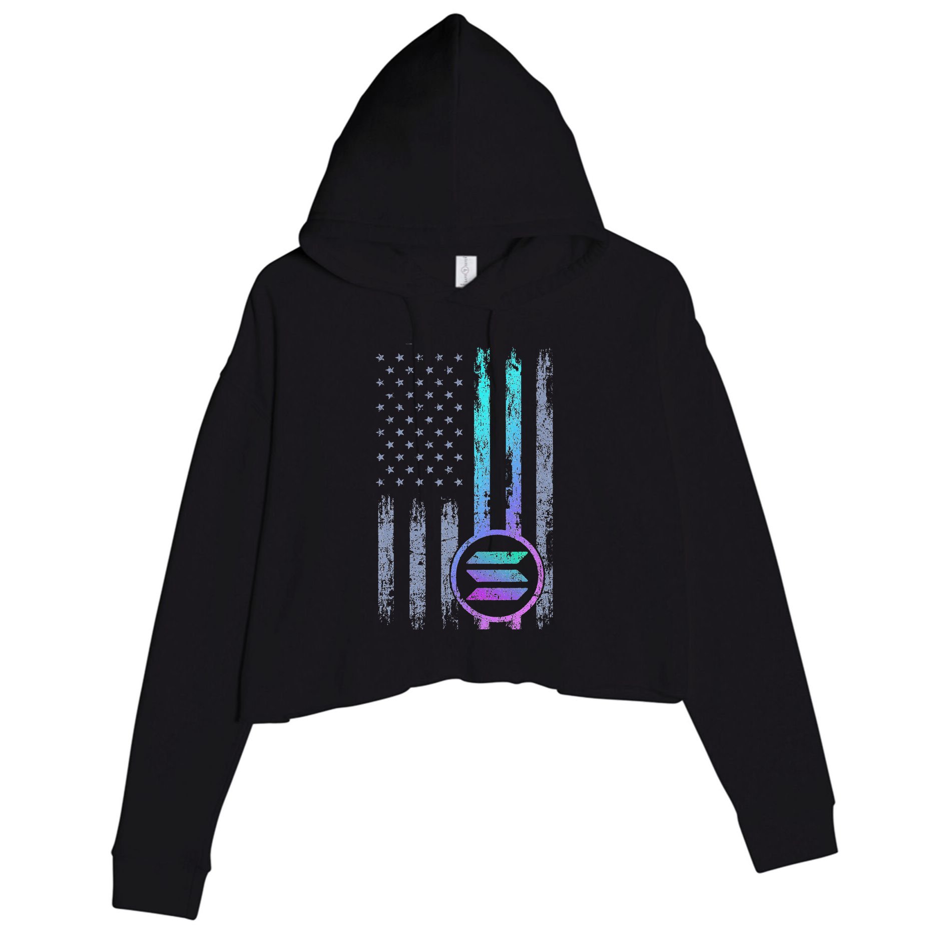 Solana Crypto Blockchain Solana Coin Distressed Usa Flag Crop Fleece Hoodie