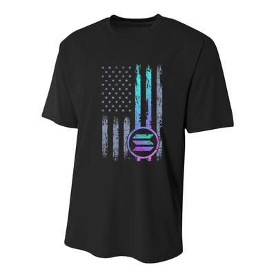 Solana Crypto Blockchain Solana Coin Distressed Usa Flag Youth Performance Sprint T-Shirt