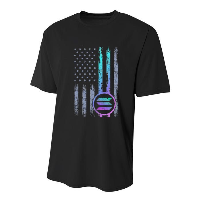 Solana Crypto Blockchain Solana Coin Distressed Usa Flag Youth Performance Sprint T-Shirt