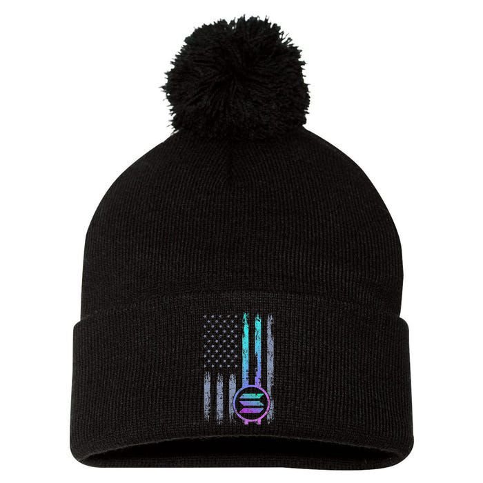 Solana Crypto Blockchain Solana Coin Distressed Usa Flag Pom Pom 12in Knit Beanie