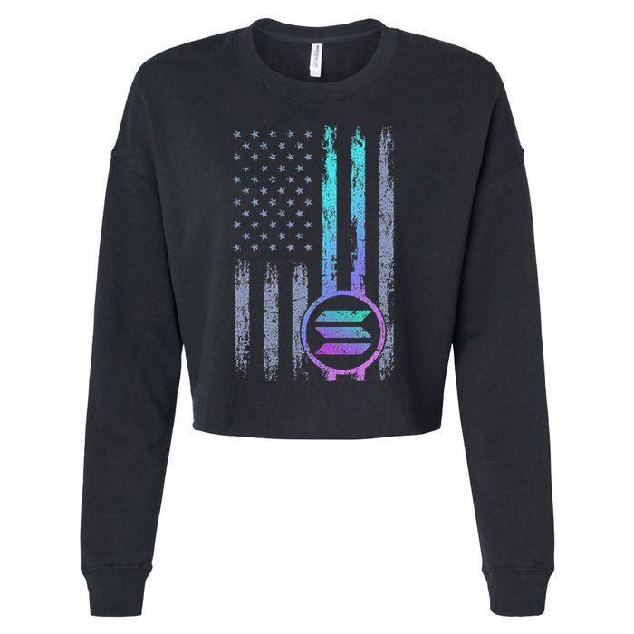 Solana Crypto Blockchain Solana Coin Distressed Usa Flag Cropped Pullover Crew