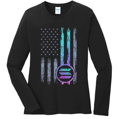 Solana Crypto Blockchain Solana Coin Distressed Usa Flag Ladies Long Sleeve Shirt