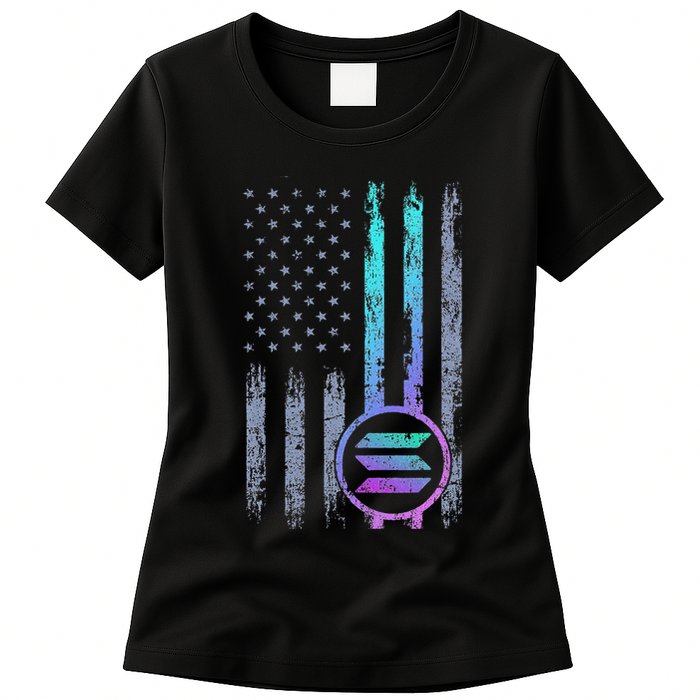 Solana Crypto Blockchain Solana Coin Distressed Usa Flag Womens T-Shirt