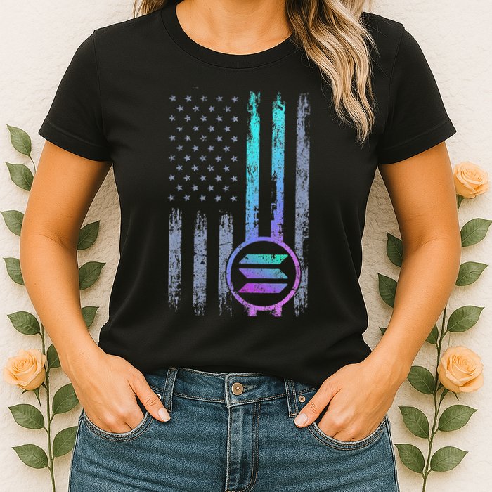Solana Crypto Blockchain Solana Coin Distressed Usa Flag Womens T-Shirt