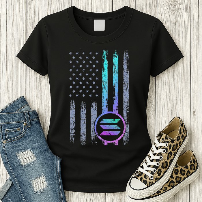 Solana Crypto Blockchain Solana Coin Distressed Usa Flag Womens T-Shirt
