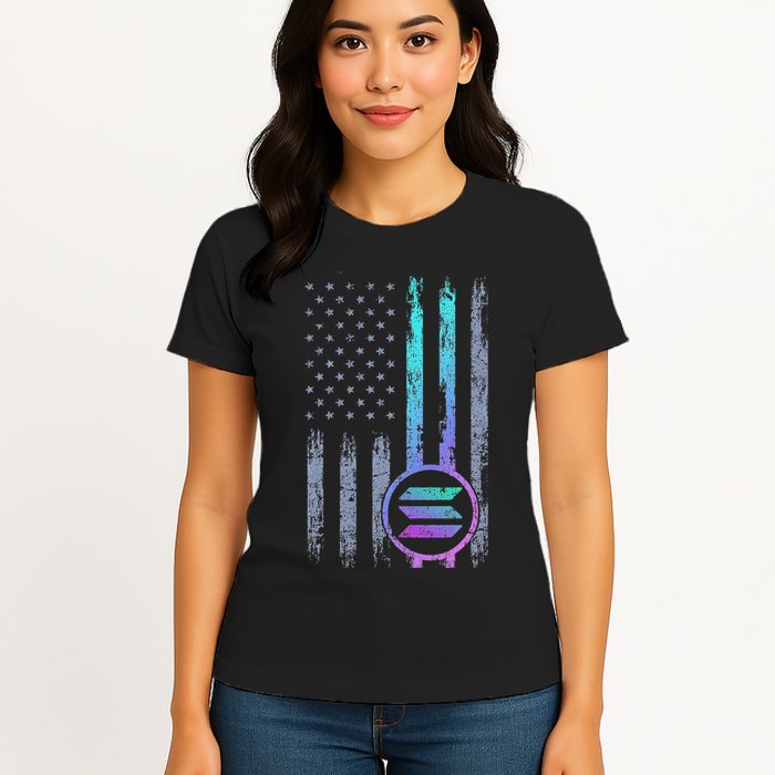 Solana Crypto Blockchain Solana Coin Distressed Usa Flag Womens T-Shirt