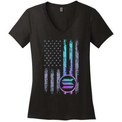 Solana Crypto Blockchain Solana Coin Distressed Usa Flag Women's V-Neck T-Shirt