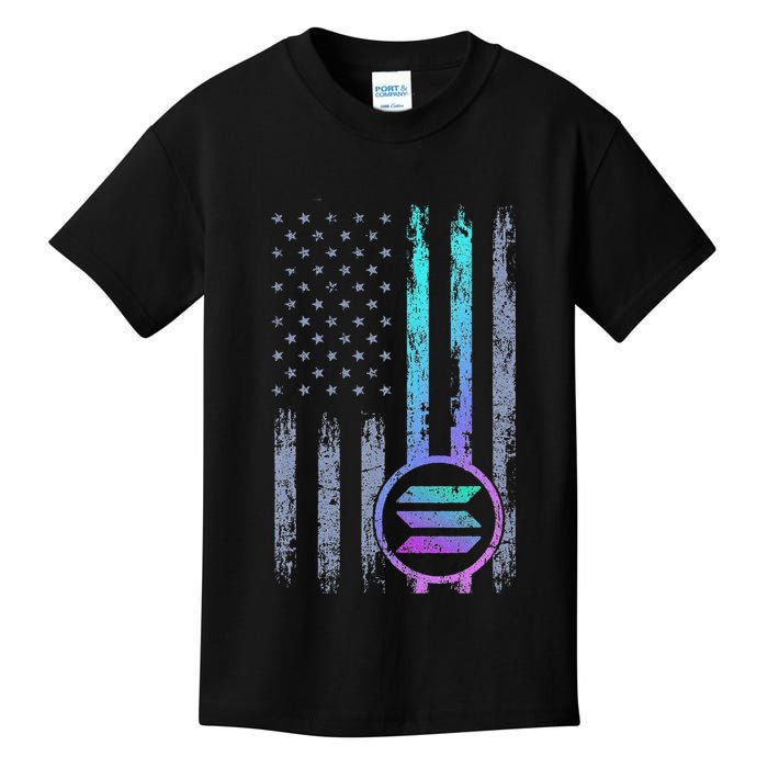 Solana Crypto Blockchain Solana Coin Distressed Usa Flag Kids T-Shirt