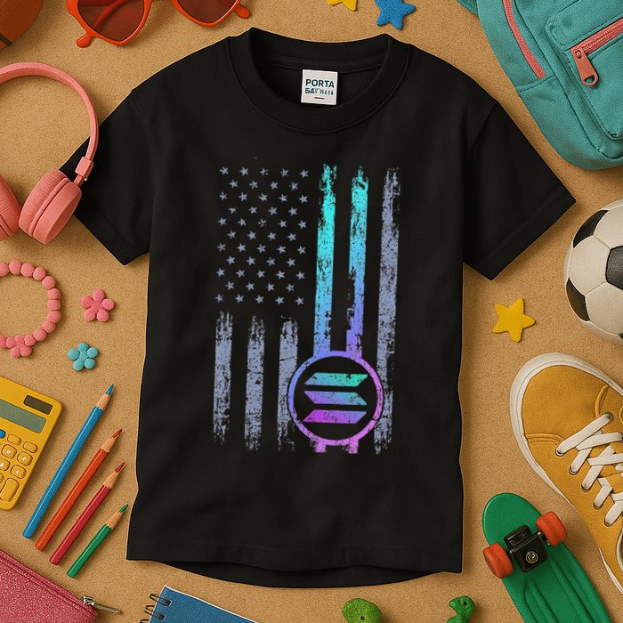 Solana Crypto Blockchain Solana Coin Distressed Usa Flag Kids T-Shirt
