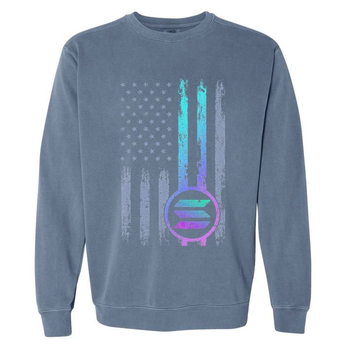 Solana Crypto Blockchain Solana Coin Distressed Usa Flag Garment-Dyed Sweatshirt