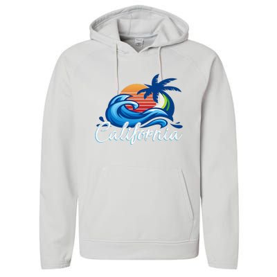 Sunset Cali Beach Waves Surfing Usa California Performance Fleece Hoodie