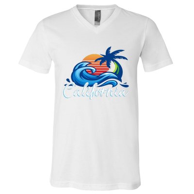 Sunset Cali Beach Waves Surfing Usa California V-Neck T-Shirt