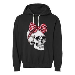 Skull Coquette Bow Red Plaid Halloween Costume Garment-Dyed Fleece Hoodie