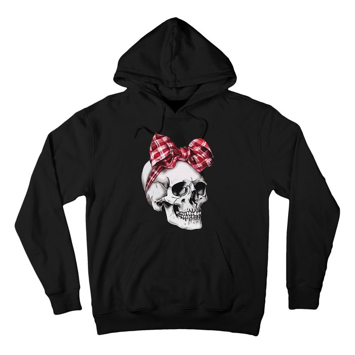 Skull Coquette Bow Red Plaid Halloween Costume Hoodie