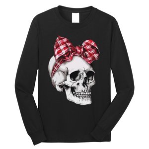 Skull Coquette Bow Red Plaid Halloween Costume Long Sleeve Shirt