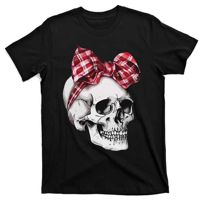 Skull Coquette Bow Red Plaid Halloween Costume T-Shirt