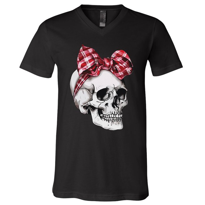 Skull Coquette Bow Red Plaid Halloween Costume V-Neck T-Shirt