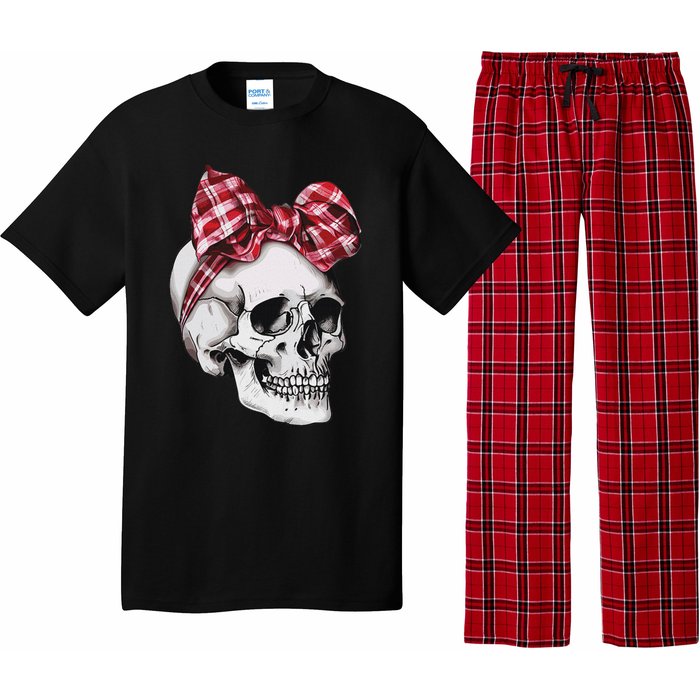 Skull Coquette Bow Red Plaid Halloween Costume Pajama Set