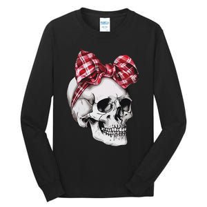 Skull Coquette Bow Red Plaid Halloween Costume Tall Long Sleeve T-Shirt